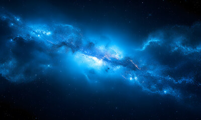 Fototapeta premium Glowing nebulae, stars in dark space suitable for science fiction, astronomy, or space-related concepts. Perfect for backgrounds, book covers, or posters