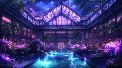Enchanting botanical atrium with neon lights and lush greenery under starry sky