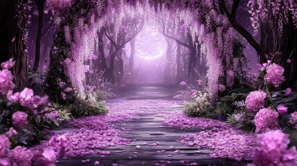 Enchanted purple pathway in mystical forest with blossoming wisteria arch at twilight