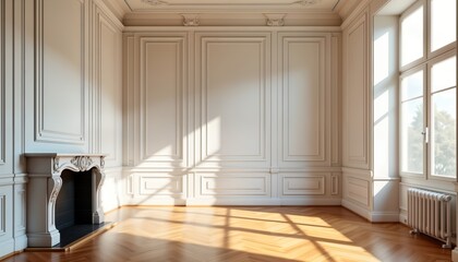Empty room with luxurious interior design. White walls with classic wooden paneling. Large french windows let in sunlight. Wooden parquet floor. Ornate fireplace present. Room spacious, elegant,