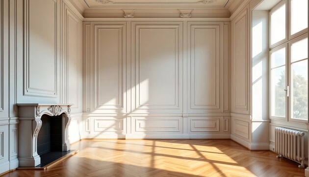Empty room with luxurious interior design. White walls with classic wooden paneling. Large french windows let in sunlight. Wooden parquet floor. Ornate fireplace present. Room spacious, elegant,