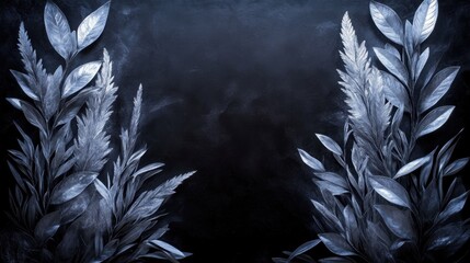 Silver foliage on dark background with elegant botanical design