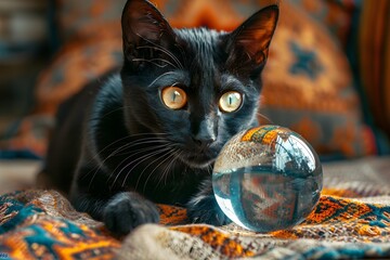 A black cat laying on a blanket next to a crystal ball