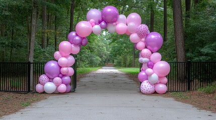 Obraz premium Colorful balloon archway in serene forest pathway setting