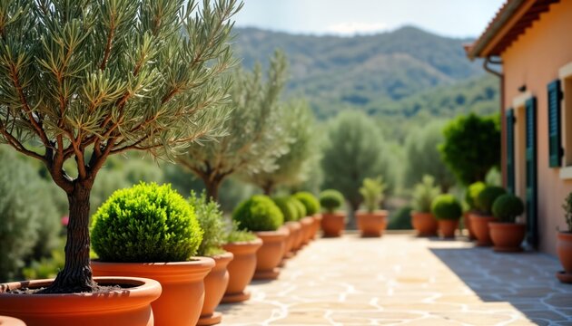 Sunny terrace boasts potted olive trees, shrubs in terracotta pots. Rich green foliage creates peaceful outdoor retreat. Landscaping design accents traditional Mediterranean style villa. Ideal for