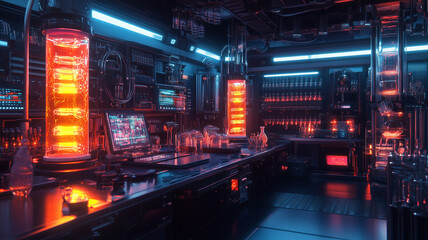 Naklejka premium Futuristic Neon Bar with Illuminated Laboratory Equipment