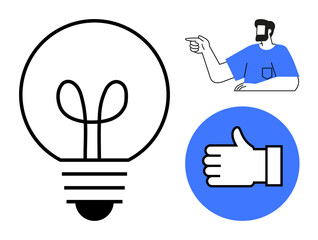 Lightbulb outline adjacent to a man in a blue shirt pointing forward. Thumbs up hand icon enclosed in a blue circle. Ideal for concepts of ideas, feedback, approval, communication, innovation