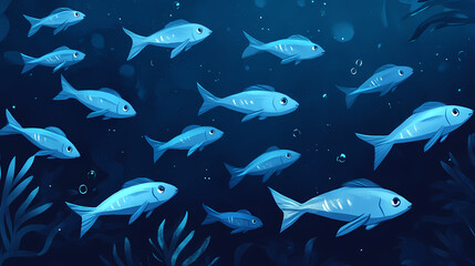 Fototapeta premium Dusk falls on the dark blue ocean surface as a school of silvery fish swim in unison, dusk, darkness. Ocean Falls. Illustration