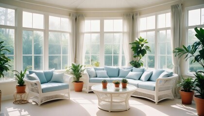 Fototapeta premium Bright Sunroom with White Wicker Furniture and Lush Greenery