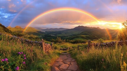 Obraz premium Breathtaking rainbow arching over lush green landscape at sunset