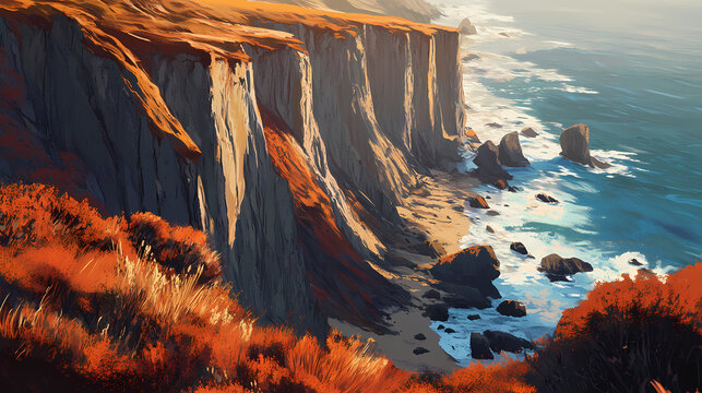 Golden light dances on rust-hued cliffs, casting long shadows as chaparral and coastal sagebrush burst with vibrant color, set against a serene ocean backdrop. Ocean Falls. Illustration
