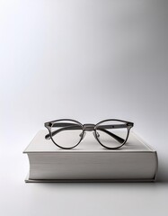Stylish Spectacles Resting on a Closed Book Against a Minimalist White Background