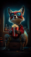 a red fox wearing sitting in a movie theatre with a box of popcorn and wearing 3d glasses.  cartoon, illustration 