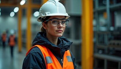 Female factory worker wears safety helmet, protective gear. Looks directly at camera. Industrial setting, production line background visible. Woman in safety equipment. Work environment. Safety