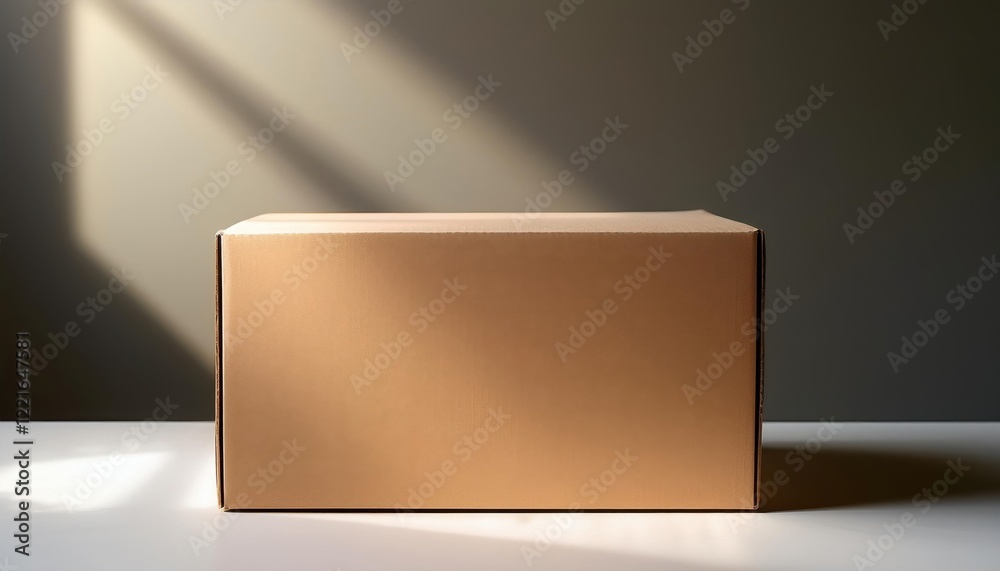 Poster sunlit cardboard box resting on a smooth surface creates a minimalist aesthetic in soft lighting