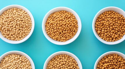 White bowls filled with golden crunchy kibble, neatly arranged on a turquoise background, representing pet food concept.