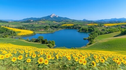 Breathtaking sunflower field and serene lake with majestic mountain view under clear blue sky
