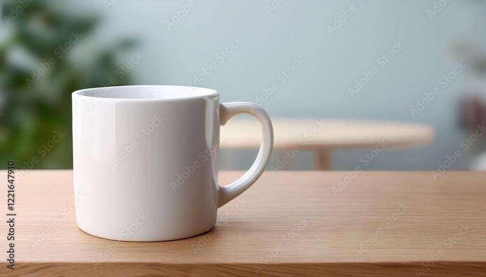 Aufkleber coffee cup resting on a wooden table surrounded by soft natural light and calming greenery