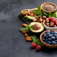 Healthy superfoods on dark background