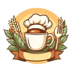 Coffee, chef hat, wheat, fork, banner; bakery logo