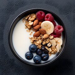 Fototapeta premium Healthy yogurt parfait with berries, nuts, and granola, overhead shot on dark background, for breakfast food blog