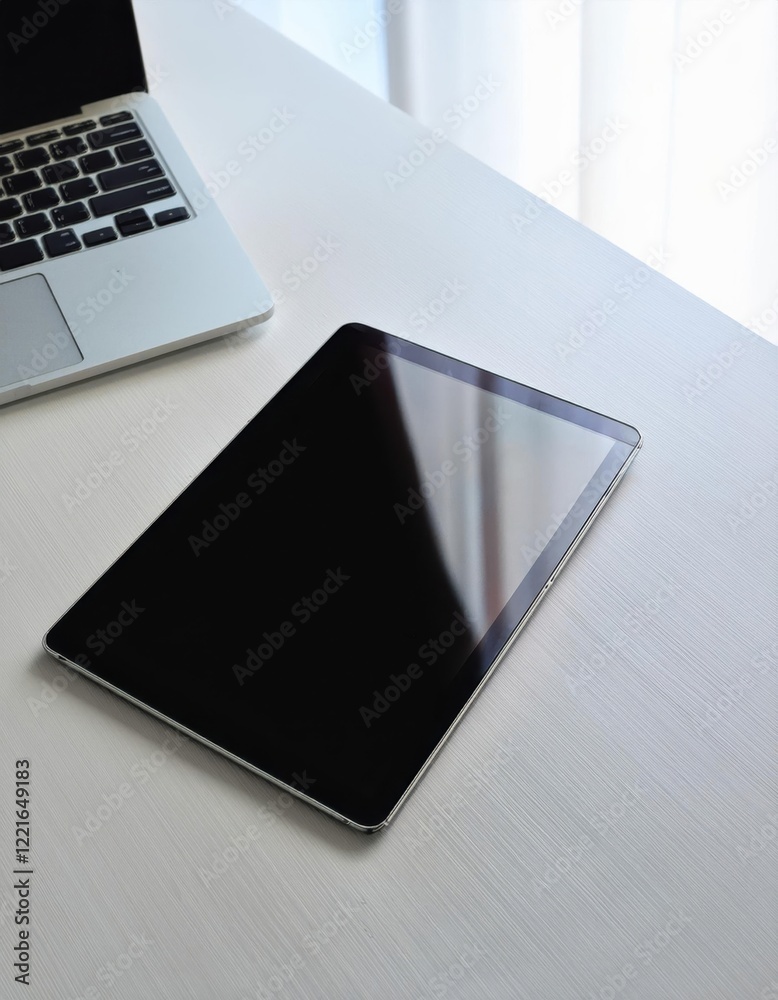Aufkleber tablet rests quietly on a clean desk surrounded by a calming workspace atmosphere with soft light