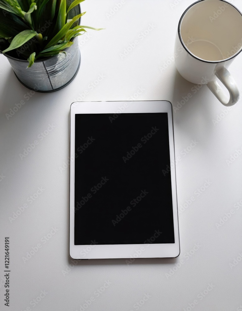 Poster modern technology resting on a minimalistic workspace with greenery and a cup of coffee