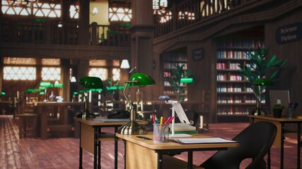 Traditional library with grand interiors featuring bookshelves and study areas, green lamps placed...