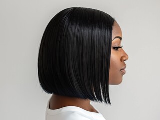 Beautiful black woman showing her bob hairstyle in profile on gray background