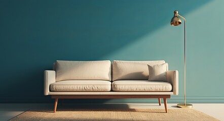Sofa Against Blue Wall with Floor Lamp and Carpet in Modern Living Room