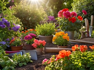 Colorful Summer Garden with Flowers and Gardening Tools in Sunlight