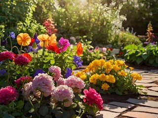Colorful Flower Garden with Vibrant Blossoms Under Sunlight