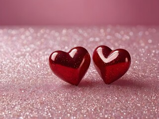 Two Red Heart-Shaped Ornaments on Glittery Pink Background