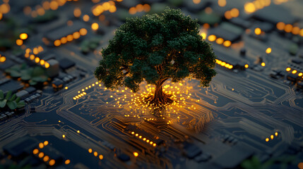 Green Tree on Illuminated Circuit Board