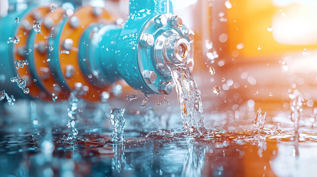 Close up view of water flowing from a teal industrial pipe, splashing onto a reflective surface. The scene is dynamic, with water droplets suspended in mid air, illuminated by a warm, golden light.