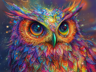 A DMT art of owl illustration with vibrant colorful patterns and mesmerizing eyes showcasing artistic creativity imagination and modern design perfect for unique art and digital graphic projects
 