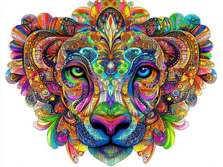 Naklejka premium A mandala art of lion head illustration filled with intricate tribal patterns and bold colors showcasing modern artistic expression and creativity perfect for graphic design and unique art projects 