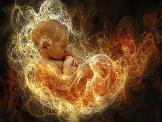 A fractal art of  newborn surrounded by ethereal energy and golden light showcasing the beauty of life creation and artistic expression in a mesmerizing digital artwork perfect for creative design.
