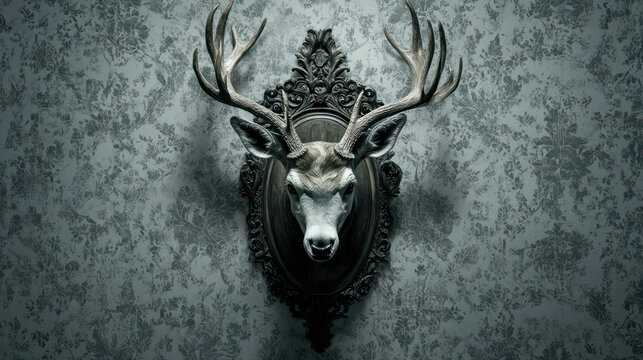 Stuffed deer head with big antlers on dark wall