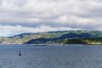 A scenic view of a bay with rolling green mountains and a red buoy, photographed in Wellington, New Zealand