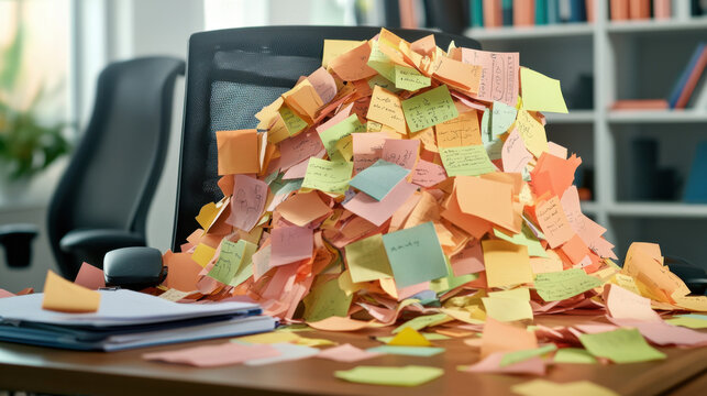 A cluttered desk covered with colorful sticky notes, creating a chaotic yet creative workspace atmosphere.