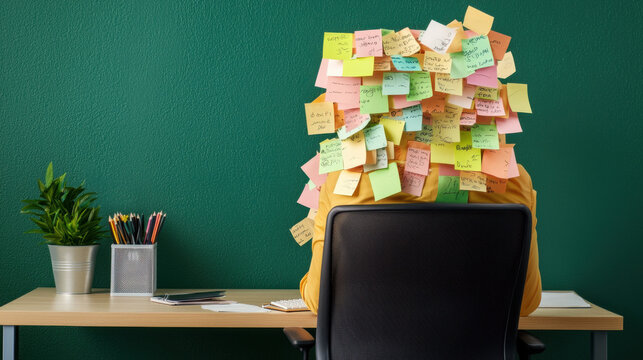 A desk cluttered with colorful sticky notes, indicating brainstorming or organization, sits against a green wall, with a chair facing away.