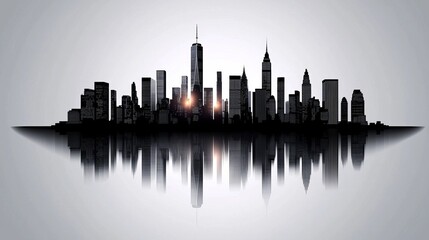 Naklejka premium Monochrome urban skyline silhouette, black vector lines showcasing skyscraper diversity, sharp and clean, isolated on white for multipurpose use