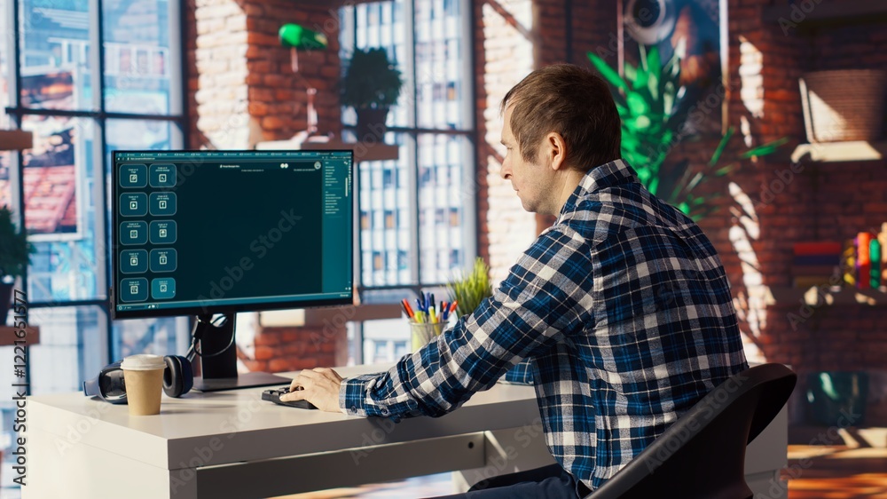 Poster man seated at desk using ai llm chatbot software in modern urban home office. person requesting help