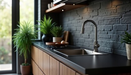 Modern kitchen design with stylish sink, faucet on black countertop. Wooden cabinets, gray brick wall create contemporary feel. Houseplants add freshness to modern room. Interior view of contemporary