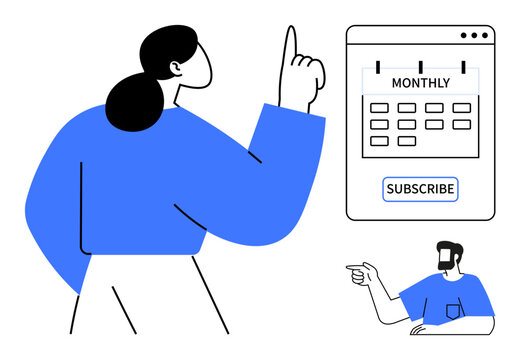 Two figures engage with a monthly subscription calendar sign. Ideal for planning, reminders, scheduling, subscriptions, time management, online services, digital organization. Simplified clean