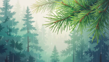 Obraz premium Pine branches with misty forest in the background watercolor drawing