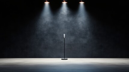 Empty stage with spotlight on microphone stand in dark minimalist setting