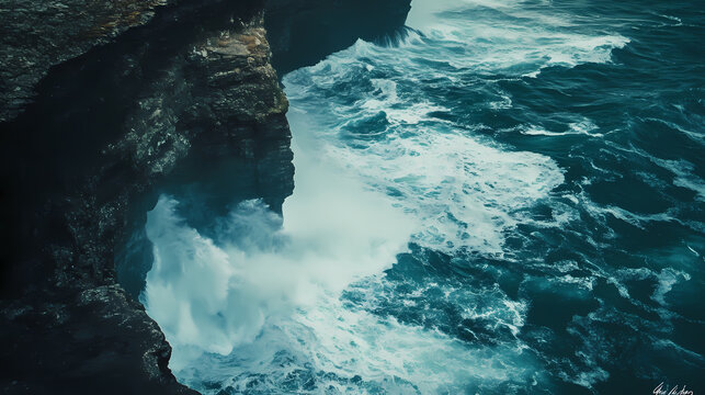 A dramatic cliffside view overlooking a stormy ocean, waves crashing below. Ocean Falls. Illustration