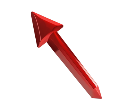 a photorealistic image of a red, 3D arrow pointing upwards. The arrow have a glossy finish and cast a realistic shadow on a gray background